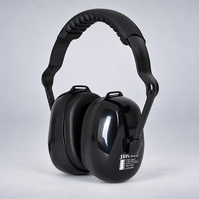 JB's 8M055 black earmuffs on a grey background; one complete headband-and-earcups assembly