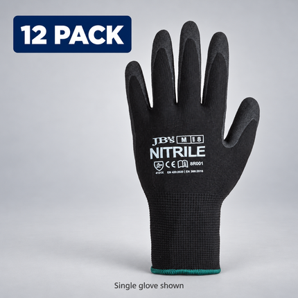 JB's 8R001 black nitrile breathable glove on a grey background; sold as a pack of 12 pairs, single glove shown