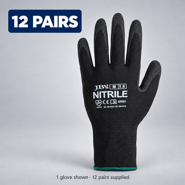 JB's 8R001 black nitrile breathable glove on a grey background; sold as a pack of 12 pairs; one glove shown