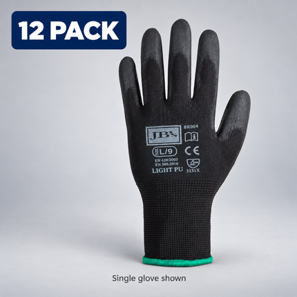 JB's 8R004 black light PU breathable glove on a grey background; sold as a pack of 12 pairs, single glove shown