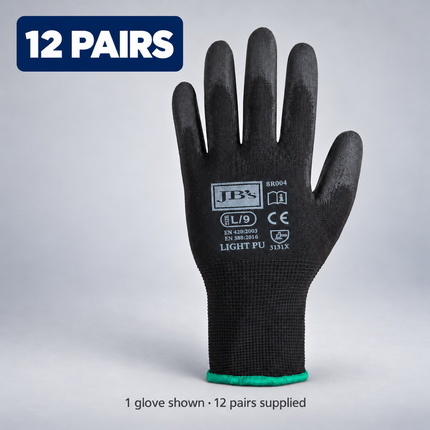 JB's 8R004 black light PU breathable glove on a grey background; sold as a pack of 12 pairs; one glove shown