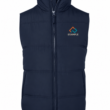 JB's Wear 3ADV Men's Adventure Puffer Vest in its original garment colour, with an illustrative EXAMPLE embroidered logo on the front chest. Logo example only; front embroidery only.