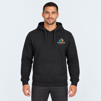 Model wearing JB’s Wear Fleecy Hoodie 3FH in Black with an illustrative full-colour EXAMPLE CIVIL left-chest digital print, against a light cool-grey studio background.
