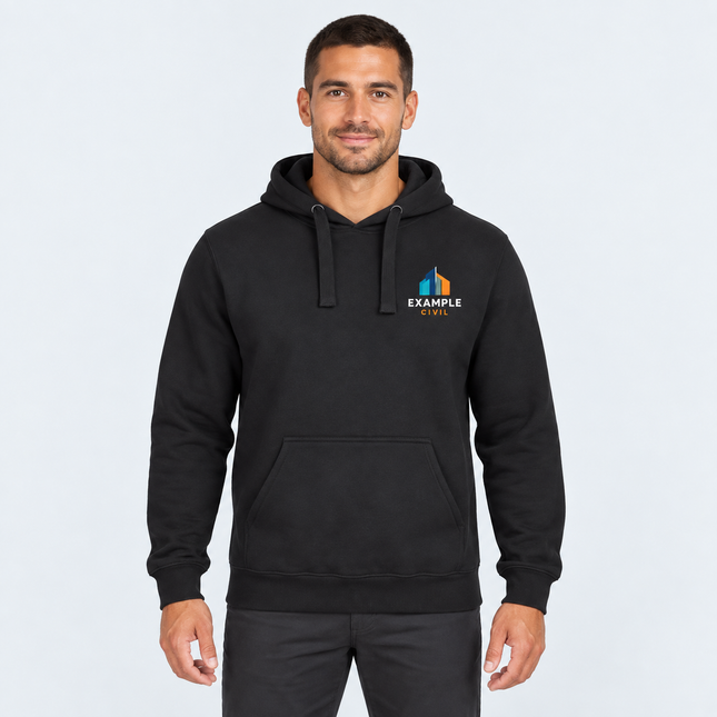 Model wearing JB’s Wear Fleecy Hoodie 3FH in Black with an illustrative full-colour EXAMPLE CIVIL left-chest digital print, against a light cool-grey studio background.