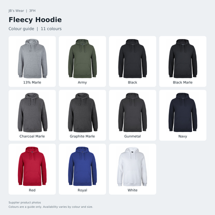 JB’s Wear Fleecy Hoodie 3FH colour guide showing 13% Marle, Army, Black, Black Marle, Charcoal Marle, Graphite Marle, Gunmetal, Navy, Red, Royal, White