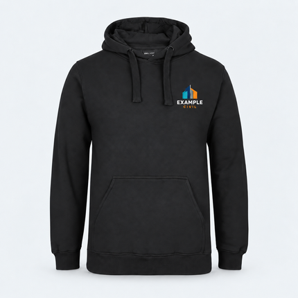 JB’s Wear Fleecy Hoodie 3FH in Black, front view with an illustrative full-colour EXAMPLE CIVIL left-chest digital print on a cool grey background
