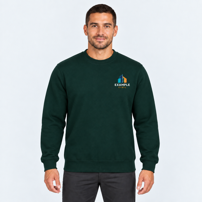 Model wearing JB’s Wear Fleecy Sweat 3FS in Bottle with an illustrative full-colour EXAMPLE CIVIL left-chest digital print, against a light cool-grey studio background.