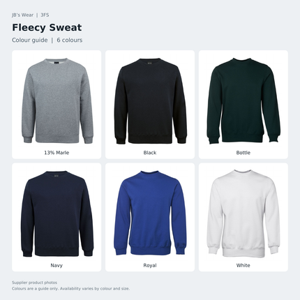 JB’s Wear Fleecy Sweat 3FS colour guide showing 13% Marle, Black, Bottle, Navy, Royal, White