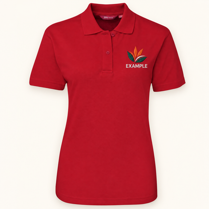 JB's Wear polo in its original colour with an EXAMPLE front chest embroidered logo; optional back print ordered separately.