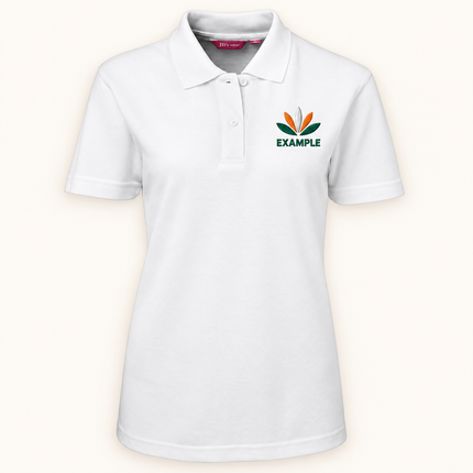 JB's Wear polo in its original colour with an EXAMPLE front chest embroidered logo; optional back print ordered separately.