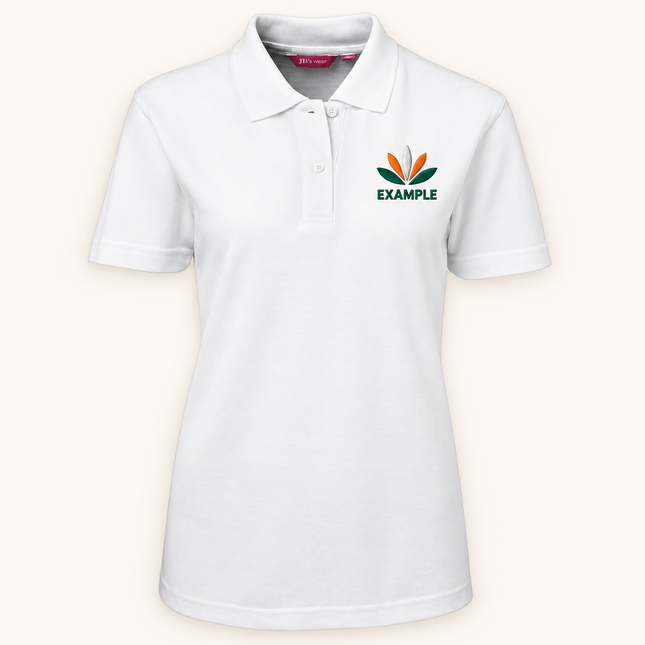 JB's Wear polo in its original colour with an EXAMPLE front chest embroidered logo; optional back print ordered separately.