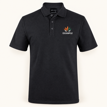 JB's Wear polo in its original colour with an EXAMPLE front chest embroidered logo; optional back print ordered separately.