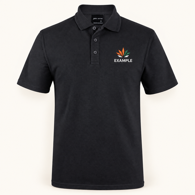 JB's Wear polo in its original colour with an EXAMPLE front chest embroidered logo; optional back print ordered separately.