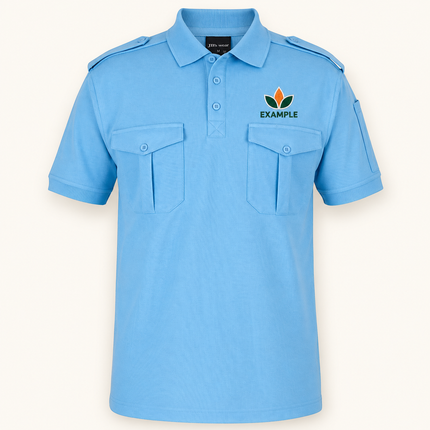 210ES polo, Lt Blue, EXAMPLE embroidered chest logo; illustration only