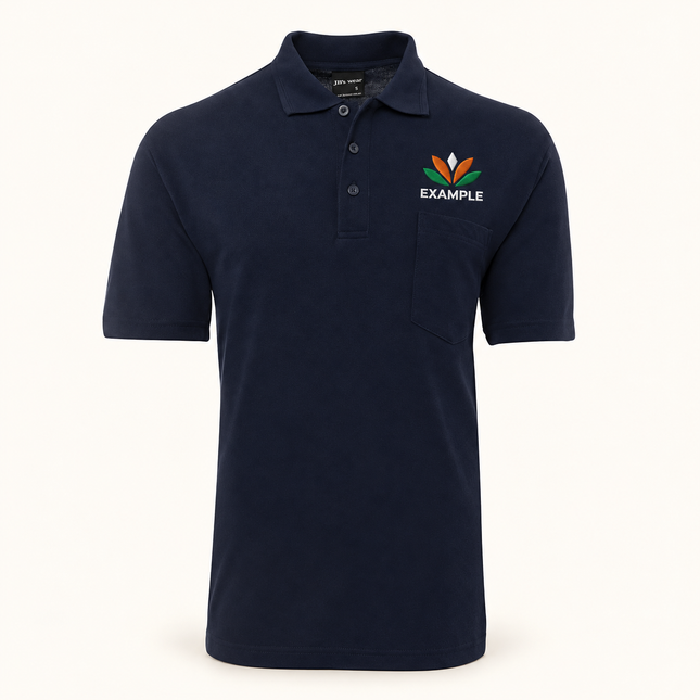 JB's Wear polo in its original colour with an EXAMPLE front chest embroidered logo; optional back print ordered separately.