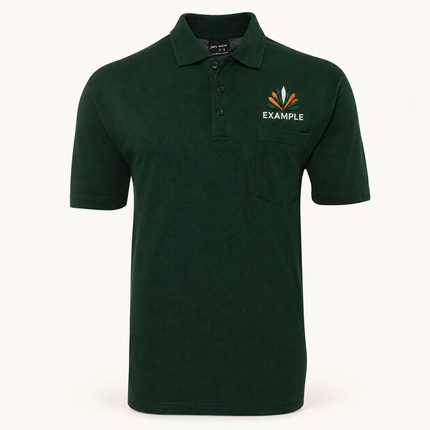 JB's Wear polo in its original colour with an EXAMPLE front chest embroidered logo; optional back print ordered separately.
