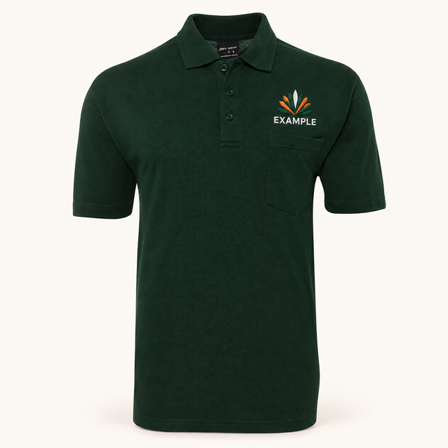 JB's Wear polo in its original colour with an EXAMPLE front chest embroidered logo; optional back print ordered separately.