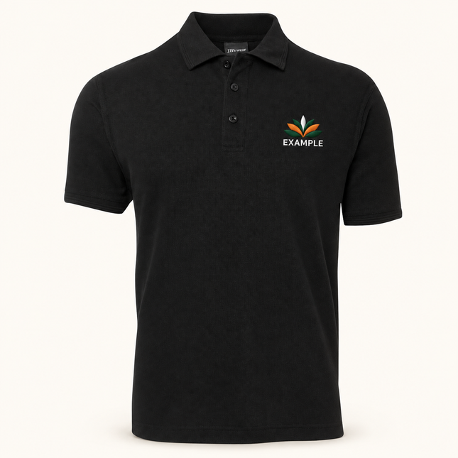 250 polo, Black, example embroidered chest logo; logo illustration only