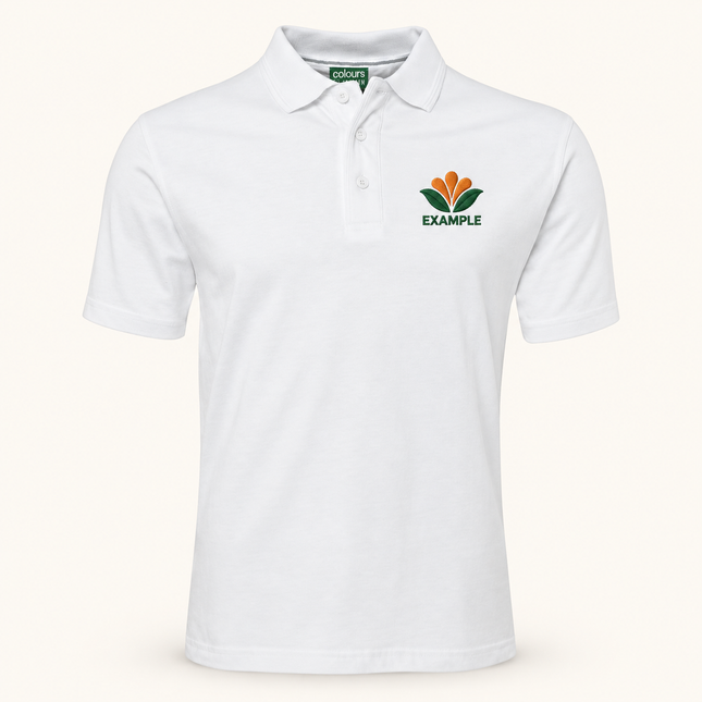 2CJ polo, White, example embroidered chest logo; logo illustration only