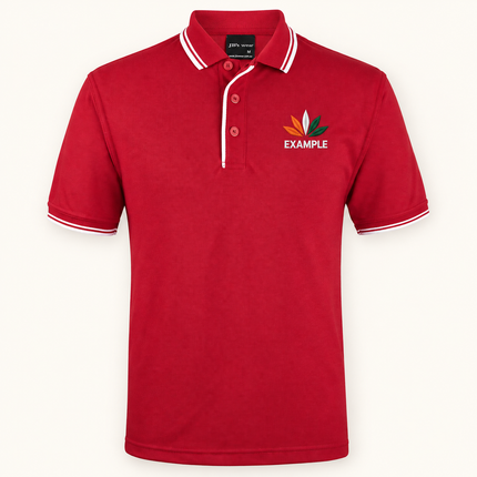 JB's Wear polo in its original colour with an EXAMPLE front chest embroidered logo; optional back print ordered separately.