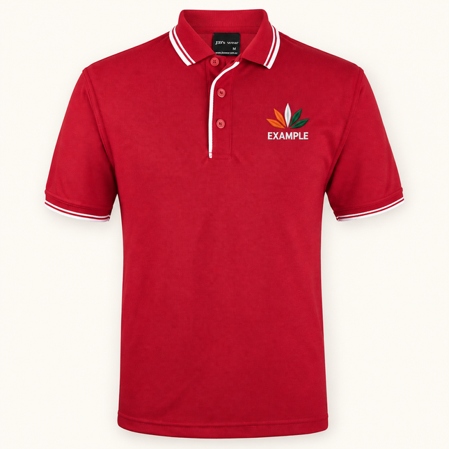 JB's Wear polo in its original colour with an EXAMPLE front chest embroidered logo; optional back print ordered separately.
