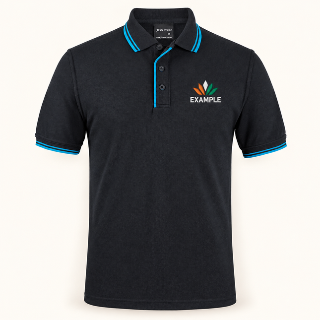 JB's Wear polo in its original colour with an EXAMPLE front chest embroidered logo; optional back print ordered separately.