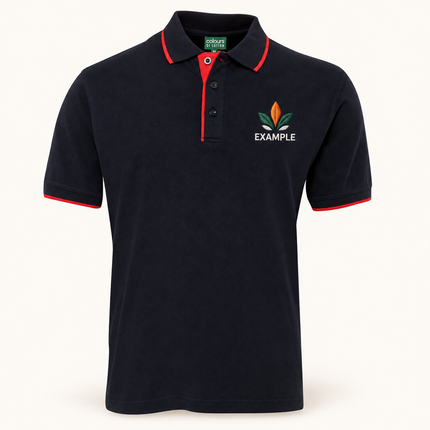 2CT polo, Navy/Red, example embroidered chest logo; logo illustration only