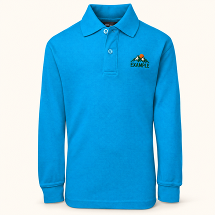 JB's Wear Kids Long Sleeve 210 Polo in Aqua, front view with an example embroidered logo on the front chest; actual garment colour and construction preserved.