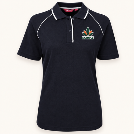2LRP polo, Navy/White, EXAMPLE embroidered chest logo; illustration only