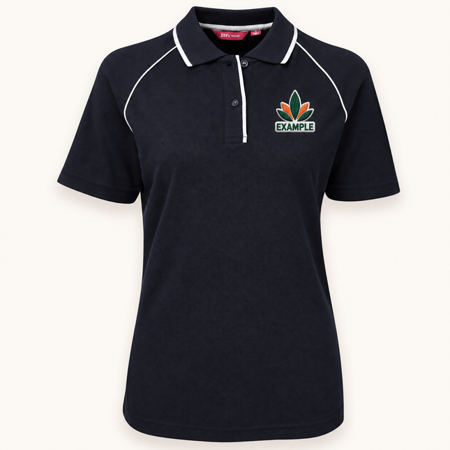 2LRP polo, Navy/White, EXAMPLE embroidered chest logo; illustration only