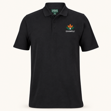 2STS polo, Black, example embroidered chest logo; logo illustration only