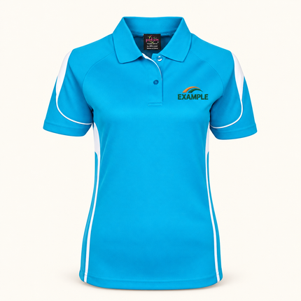 JB's Wear Podium Ladies Bell Polo in Aqua/White, front view with an example embroidered logo on the front chest; actual garment colour and construction preserved.