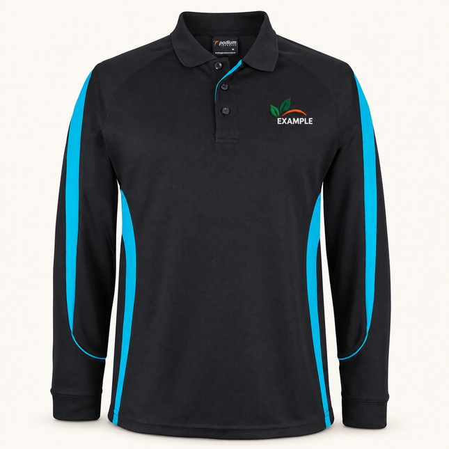 JB's Podium L/S Bell Polo in Black/Aqua, front view with an example embroidered logo on the front chest; actual garment colour and construction preserved.