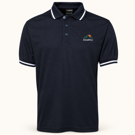 JB's Wear Podium Bold Polo in Navy/White, front view with an example embroidered logo on the front chest; actual garment colour and construction preserved.