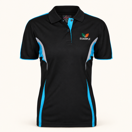 JB's Wear Podium Ladies Cool Polo in Black/Aqua, front view with an example embroidered logo on the front chest; actual garment colour and construction preserved.