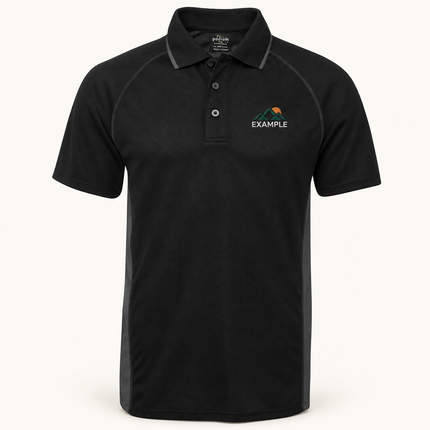 JB's Wear Podium Cover Polo in Black/Charcoal, front view with an example embroidered logo on the front chest; actual garment colour and construction preserved.
