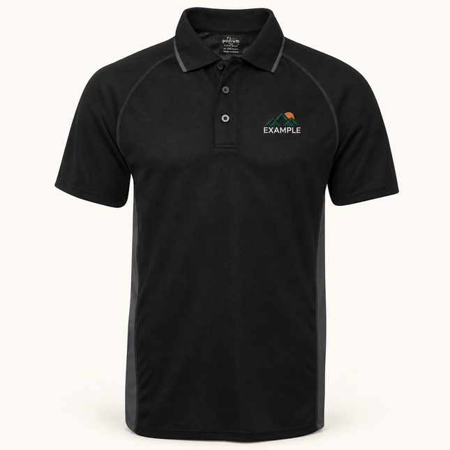 JB's Wear Podium Cover Polo in Black/Charcoal, front view with an example embroidered logo on the front chest; actual garment colour and construction preserved.