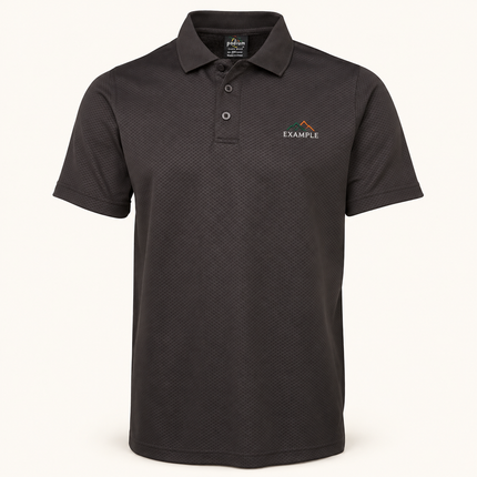 JB's Wear Podium Cotton Back Yardage Polo in Gunmetal, front view with an example embroidered logo on the front chest; actual garment colour and construction preserved.