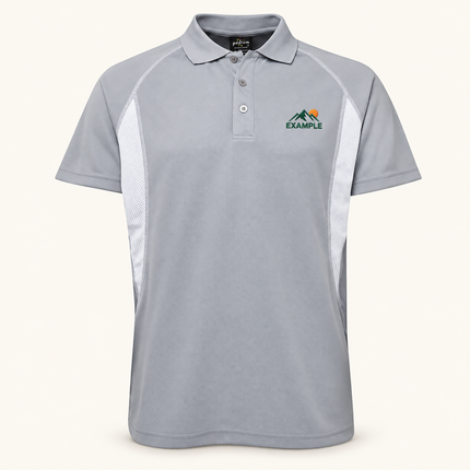 JB's Wear Podium Insert Polo in Grey/White, front view with an example embroidered logo on the front chest; actual garment colour and construction preserved.