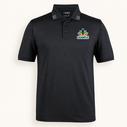 7S4P polo, Black/Charcoal, EXAMPLE embroidered chest logo; illustration only