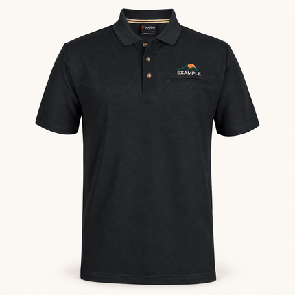 JB's Wear Podium Short Sleeve in Black, front view with an example embroidered logo on the front chest; actual garment colour and construction preserved.