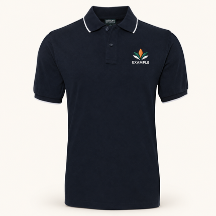 S2CF polo, Navy/White, example embroidered chest logo; logo illustration only
