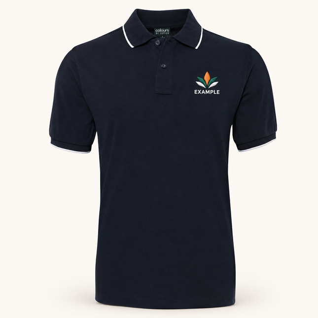 S2CF polo, Navy/White, example embroidered chest logo; logo illustration only