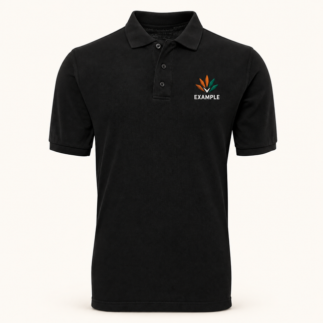 JB's Wear polo in its original colour with an EXAMPLE front chest embroidered logo; optional back print ordered separately.