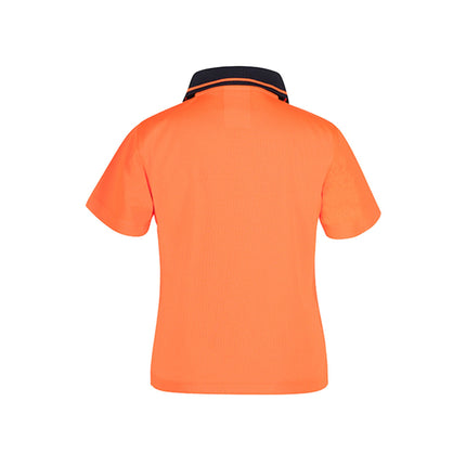 Back view of kids and infants hi-vis polo shirt in fluorescent orange with black contrast collar – lightweight, cuff-free design ideal for custom branding from My Uniform Shop