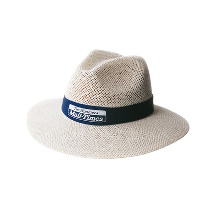 Madrid style natural straw hat with wide brim and custom printed navy hat band – lightweight and breathable sun hat available from My Uniform Shop