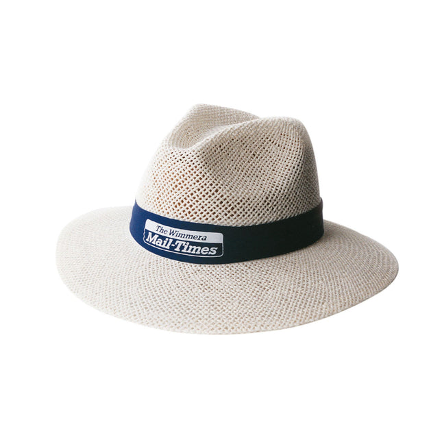 Madrid style natural straw hat with wide brim and custom printed navy hat band – lightweight and breathable sun hat available from My Uniform Shop