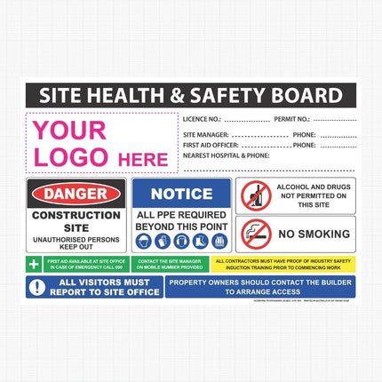 A site health and safety board sign template with multiple colored warning panels, including sections for a logo, license number, site manager details, danger, notice, alcohol and drugs not permitted, no smoking, and visitor reporting instructions.