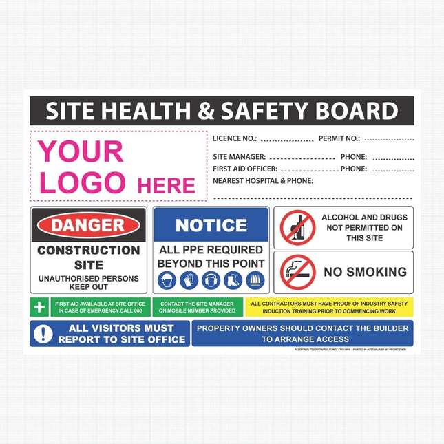 A site health and safety board sign template with multiple colored warning panels, including sections for a logo, license number, site manager details, danger, notice, alcohol and drugs not permitted, no smoking, and visitor reporting instructions.