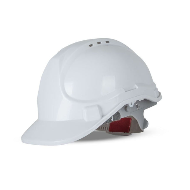 Angled front-side view of white push-lock safety helmet with vented top and adjustable rear strap – AS/NZS 1801 compliant, available for custom logo printing from My Uniform Shop